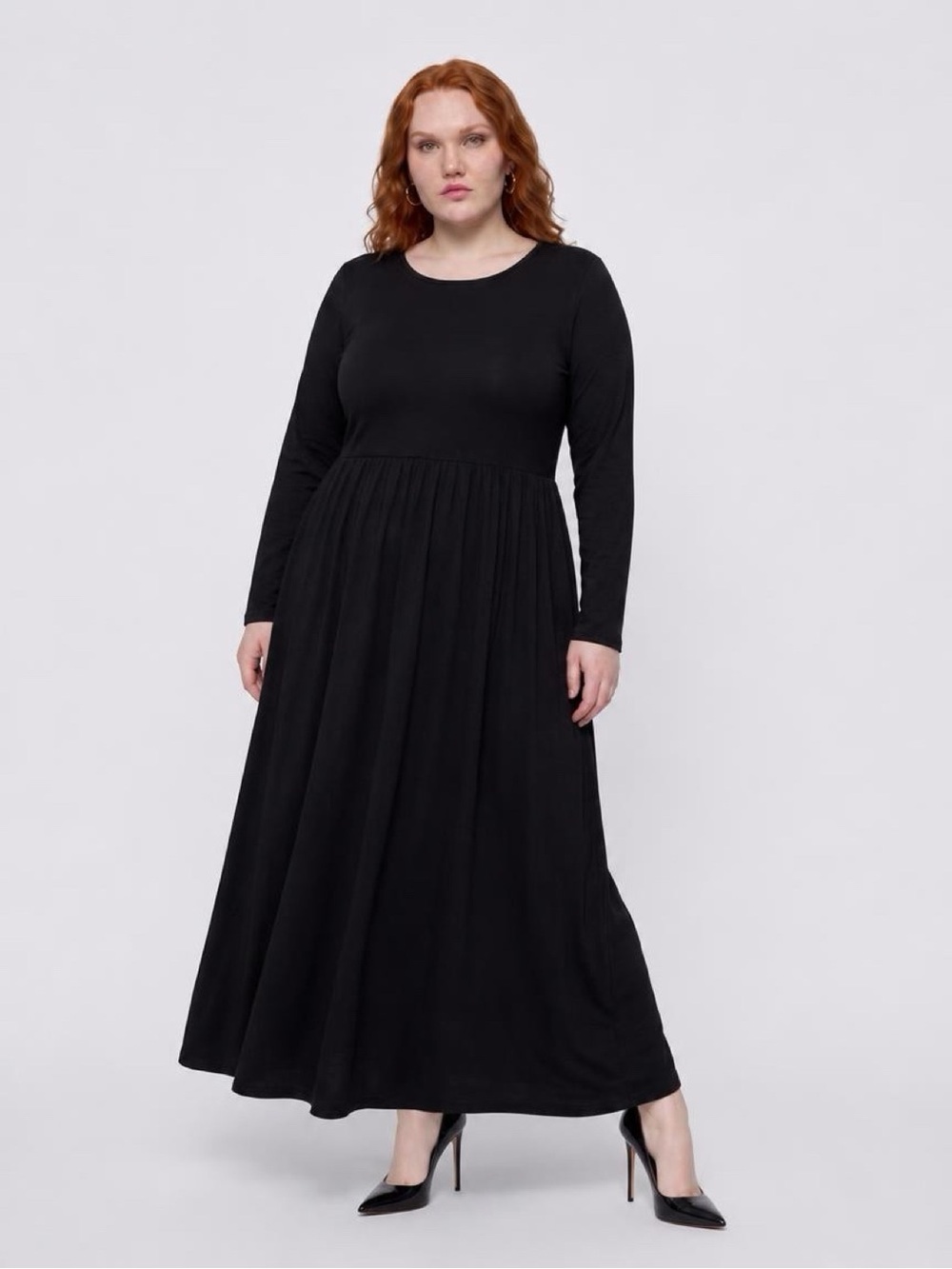 Plus-Size Black Long Sleeve Maxi Dress — Classic A-Line Silhouette